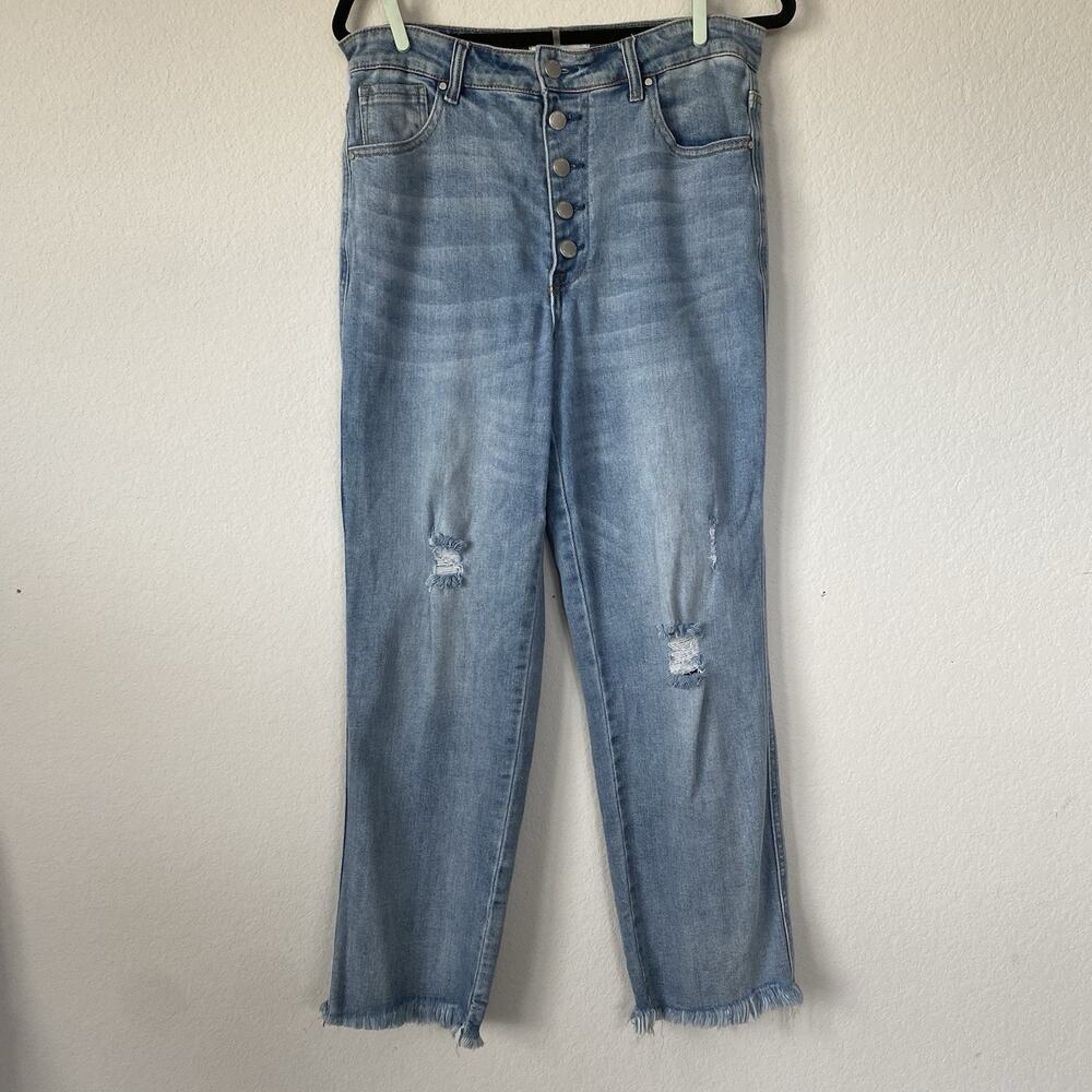 Risen Women's Cropped Denim Distressed Jeans Medium Wash Size 13/31 High Rise